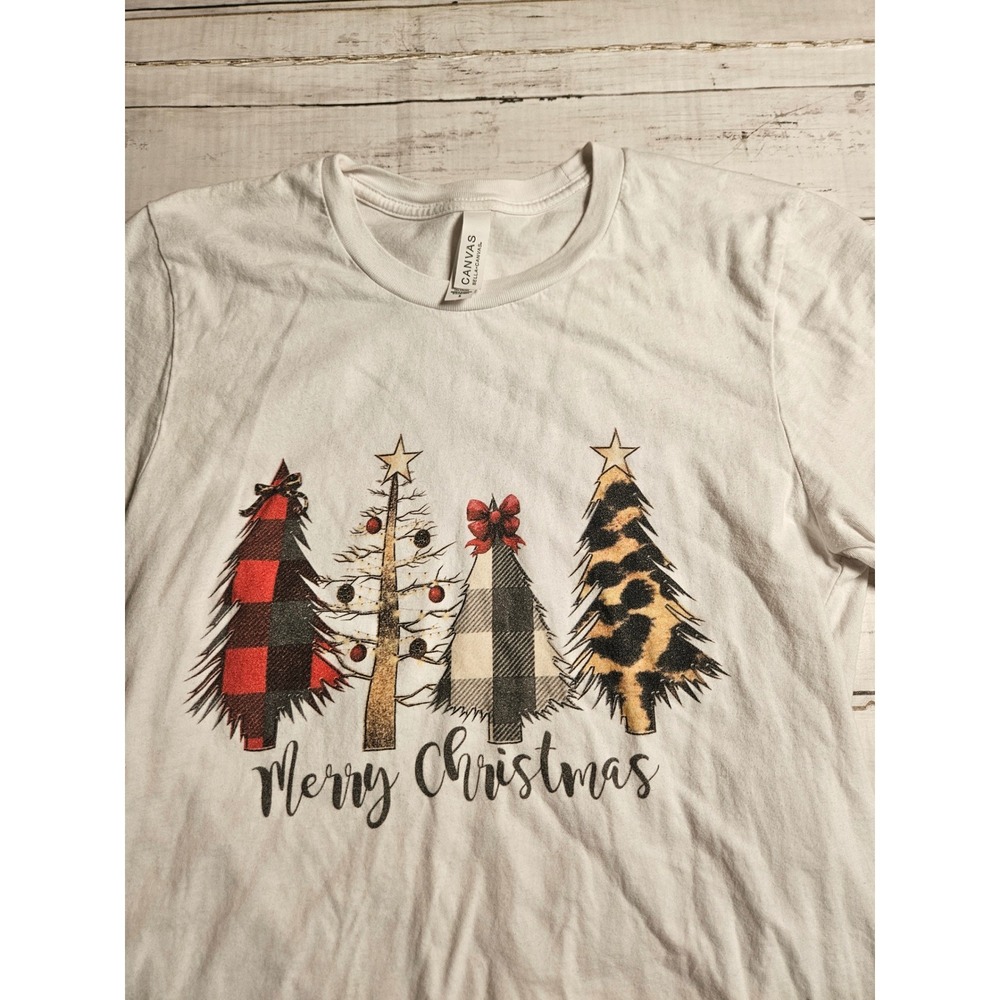 Merry Christmas Tree Graphic T-Shirt White Buffalo Plaid Leopard‎ S Bella Canvas